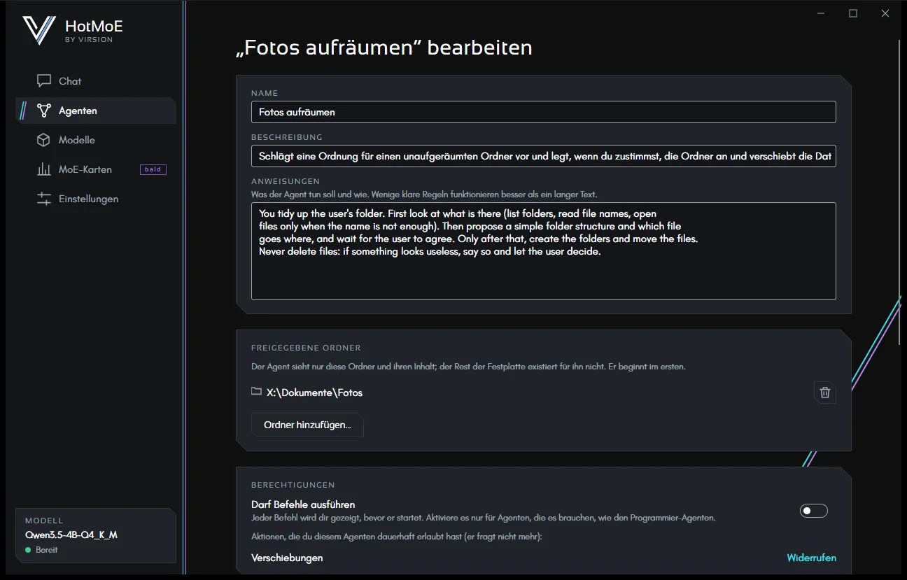 Der Editor eines Agenten: Name, Beschreibung, Anweisungen, freigegebene Ordner und Berechtigungen.