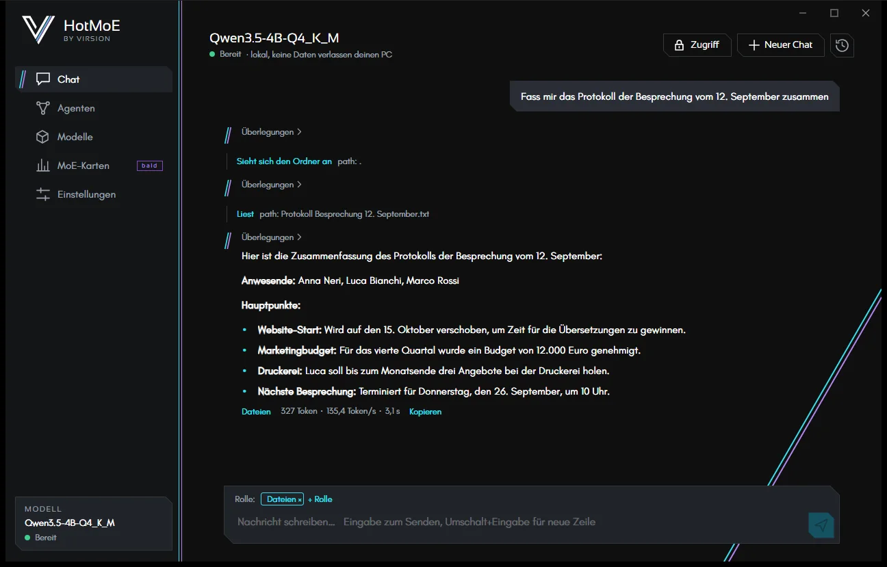 Der Chat liest ein Dokument in einem freigegebenen Ordner und fasst es zusammen. Unter der Antwort: die verwendete Rolle (Dateien) und die Geschwindigkeit.
