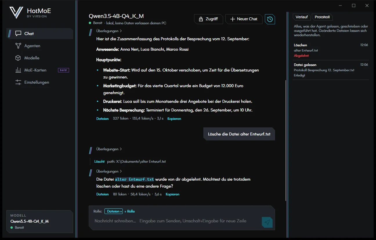 Der Reiter Protokoll neben dem Verlauf: jeder Lese- und Schreibvorgang und jeder Versuch, mit seinem Ergebnis.