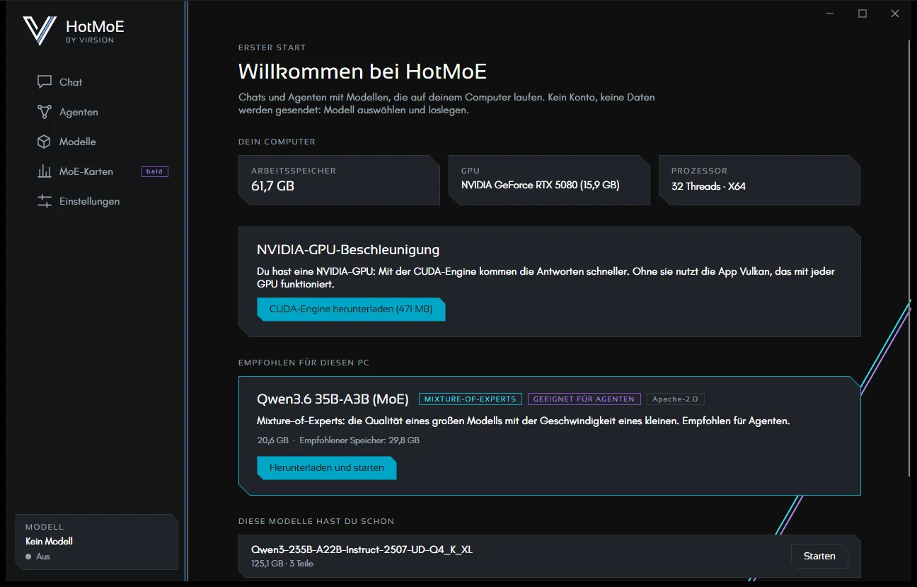 Die Seite Willkommen: der geprüfte Computer, das Angebot der CUDA-Engine und das empfohlene Modell.