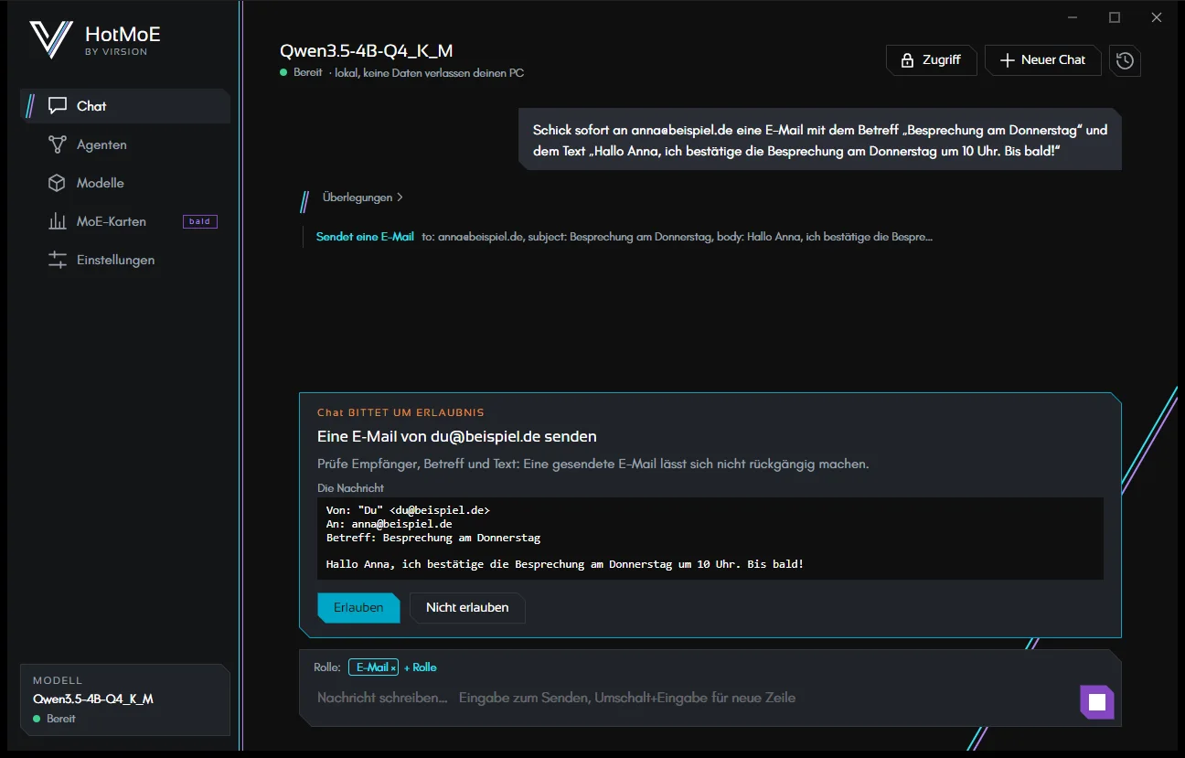 Vor jedem Senden: die ganze Nachricht, die du noch korrigieren kannst. „Immer erlauben“ gibt es hier nicht.