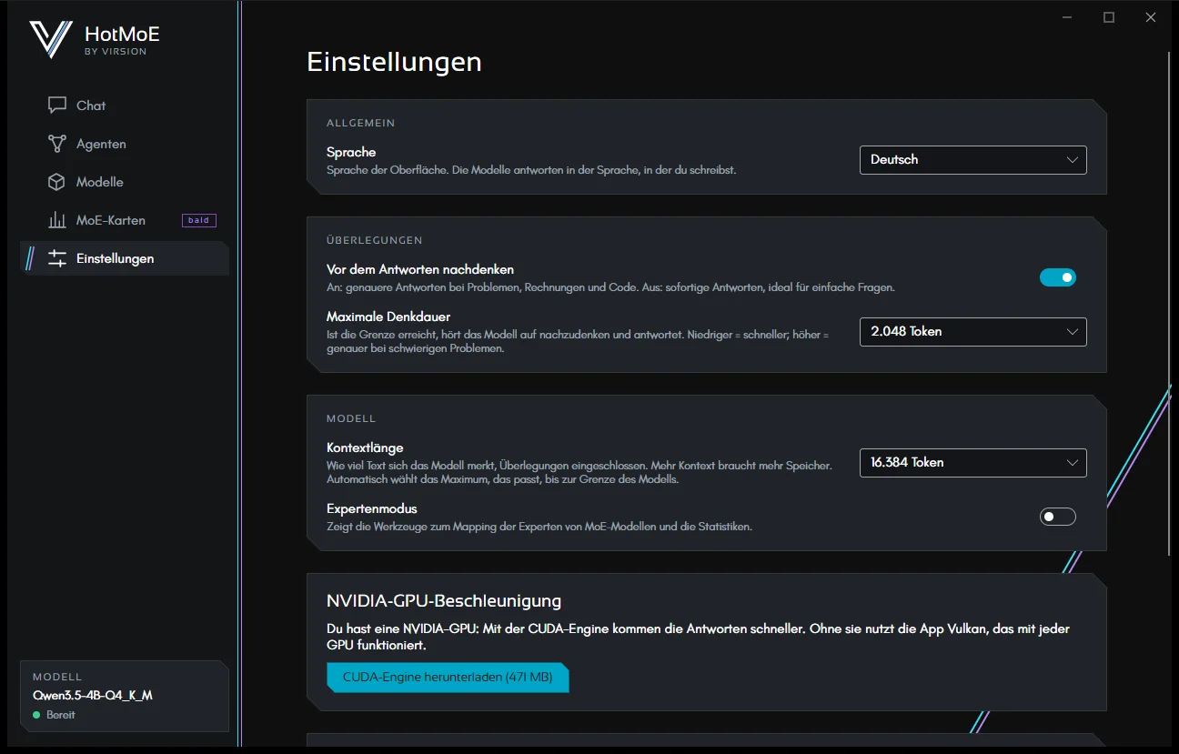 Einstellungen: Sprache, Überlegungen, Kontext, Expertenmodus und GPU-Beschleunigung.