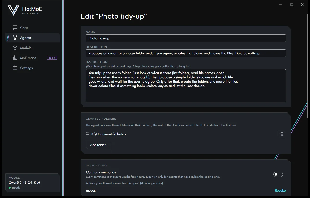 An agent's editor: name, description, instructions, granted folders and permissions.