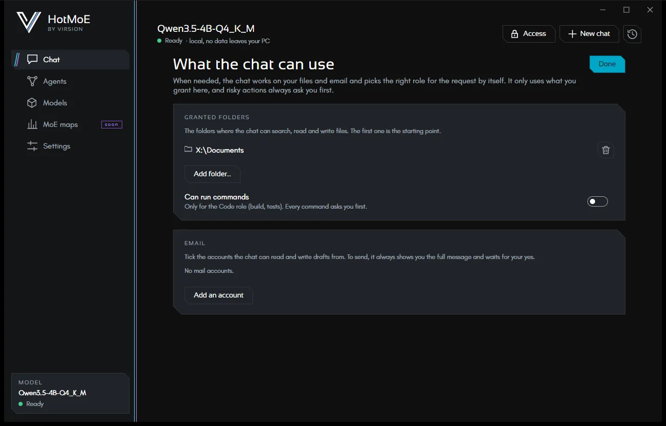 The Access panel: granted folders, commands and email accounts.