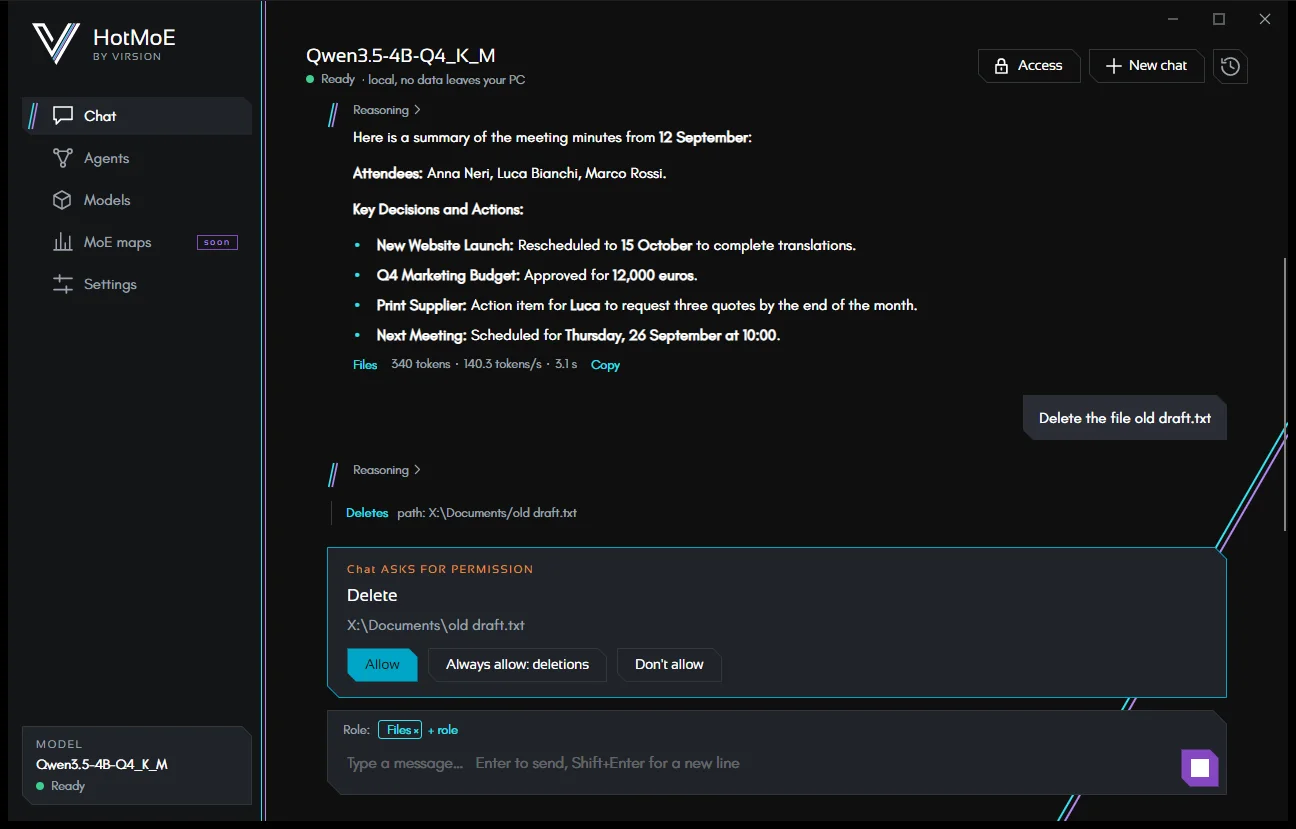 The chat asks for permission before deleting a file.