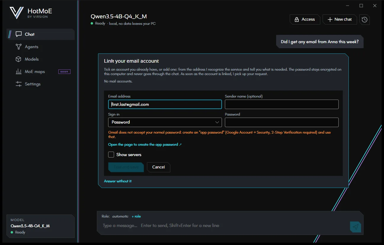 A question about email with no linked account: the chat offers to link it, with the instructions for Gmail.