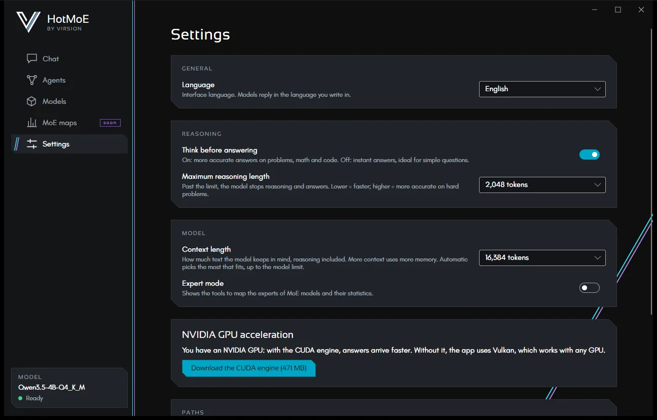 Settings: language, reasoning, context, expert mode and GPU acceleration.