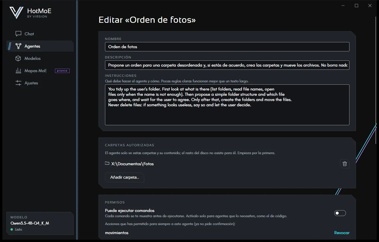 El editor de un agente: nombre, descripción, instrucciones, carpetas autorizadas y permisos.