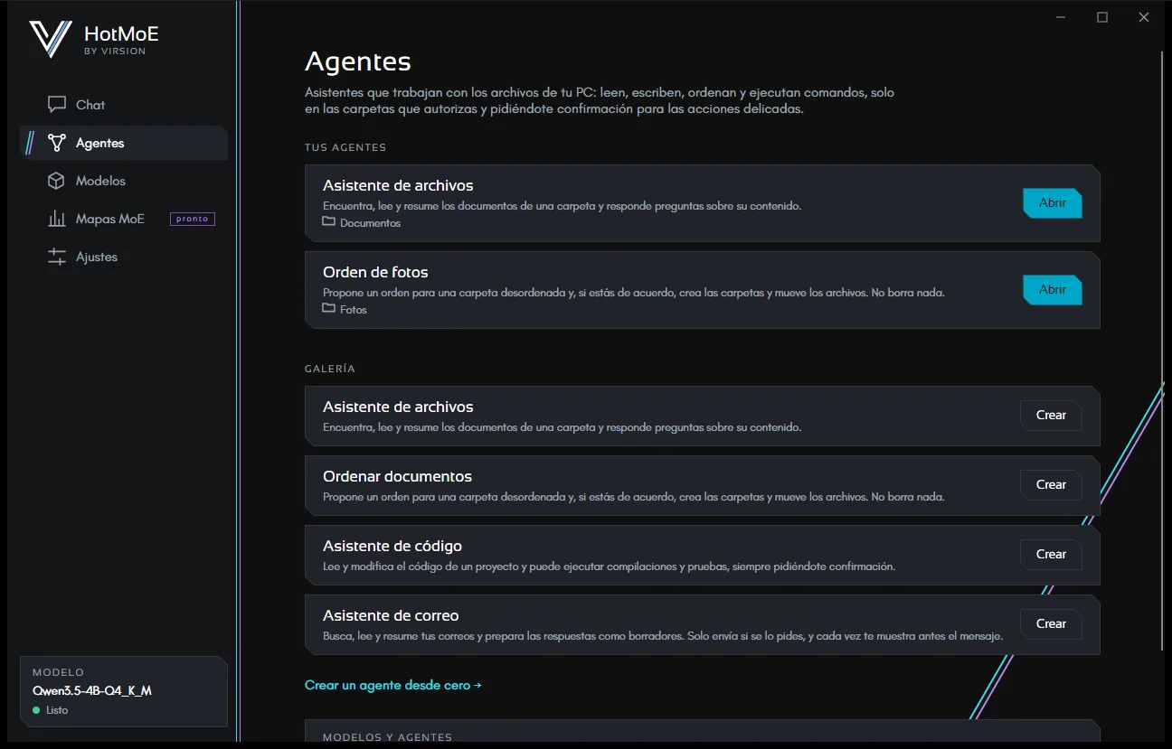 La página Agentes: tus agentes arriba, la galería debajo.
