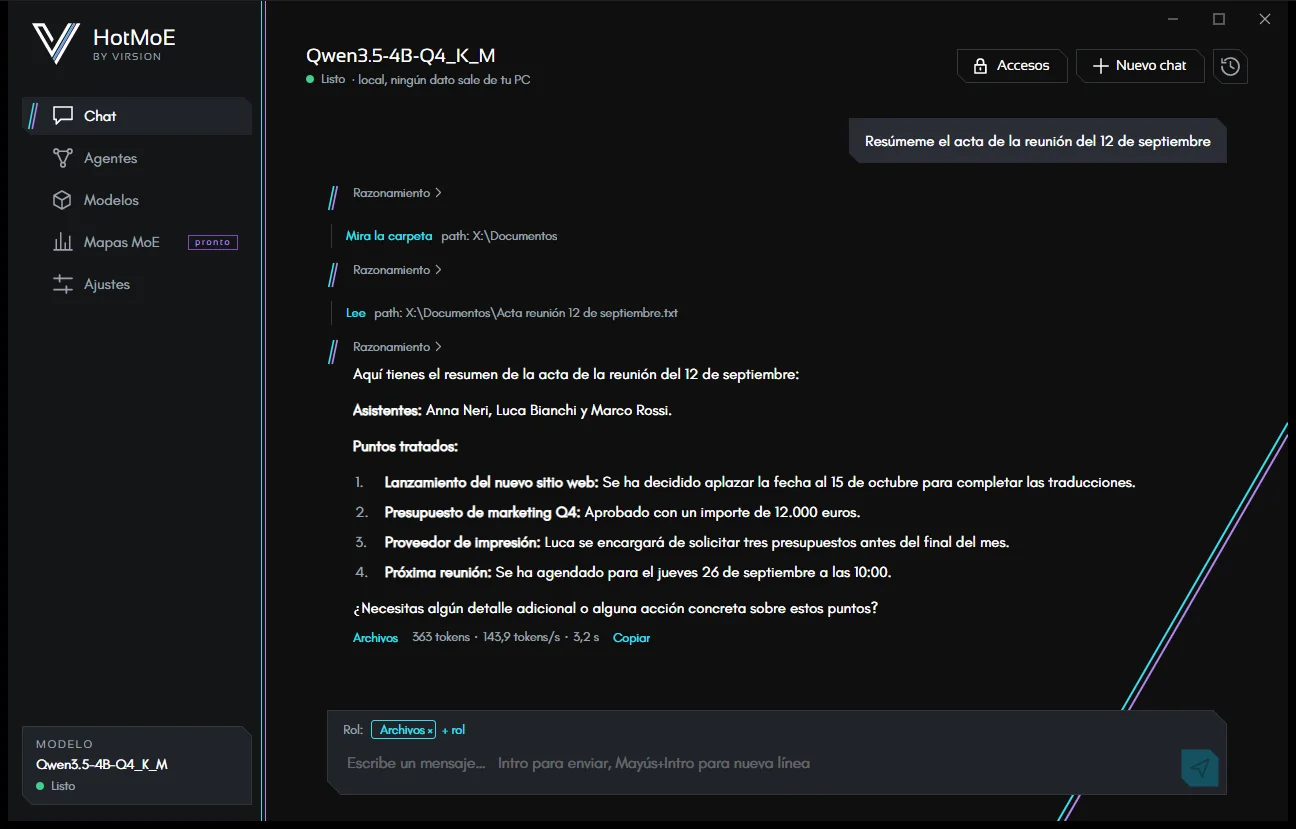 El chat lee un documento en una carpeta autorizada y lo resume. Debajo de la respuesta: el rol usado (Archivos) y la velocidad.