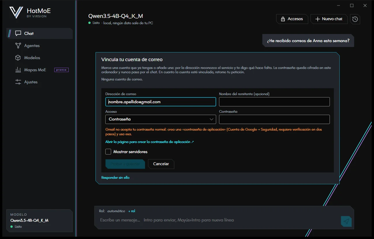 Una pregunta sobre el correo sin ninguna cuenta vinculada: el chat ofrece vincularla, con las instrucciones para Gmail.