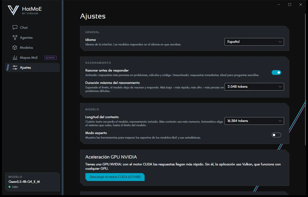 Ajustes: idioma, razonamiento, contexto, modo experto y aceleración por GPU.