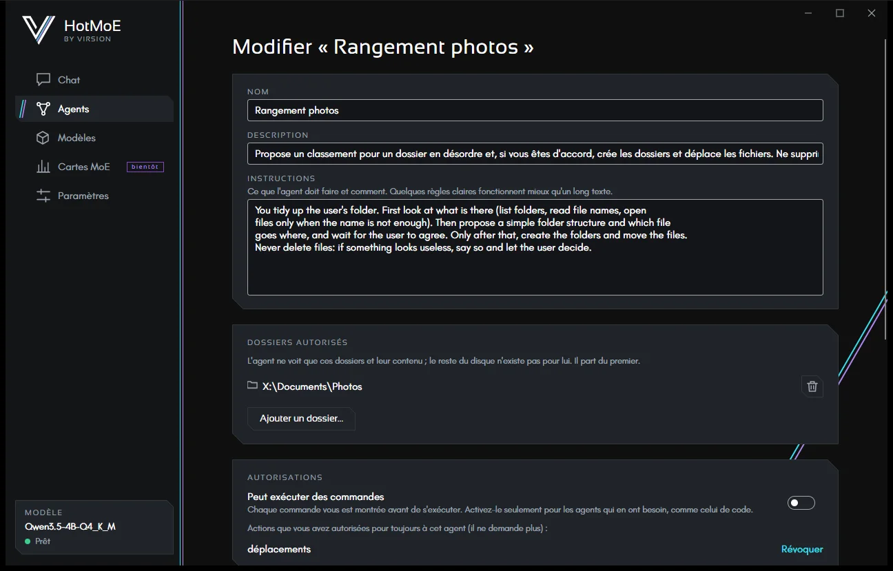 L'éditeur d'un agent : nom, description, instructions, dossiers autorisés et autorisations.