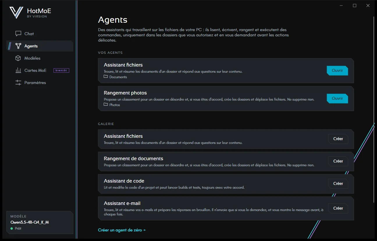 La page Agents : vos agents en haut, la galerie en dessous.