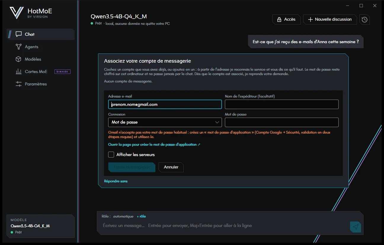 Une adresse Gmail : serveurs configurés d'eux-mêmes, le conseil sur le mot de passe d'application et le lien pour en créer un.