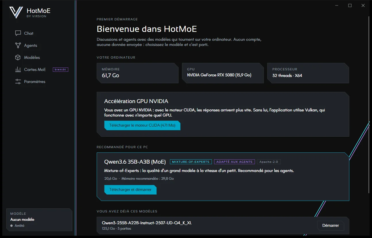 La page Bienvenue : l'ordinateur analysé, l'offre du moteur CUDA et le modèle recommandé.