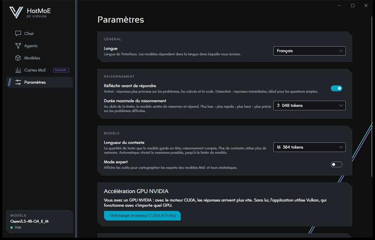 Les paramètres : langue, raisonnement, contexte, mode expert et accélération GPU.