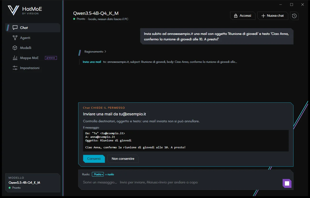 Prima di ogni invio: l'anteprima completa del messaggio. Qui non c'è «Consenti sempre».