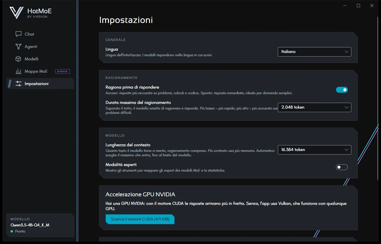 Le impostazioni: lingua, ragionamento, contesto, modalità esperti e accelerazione GPU.