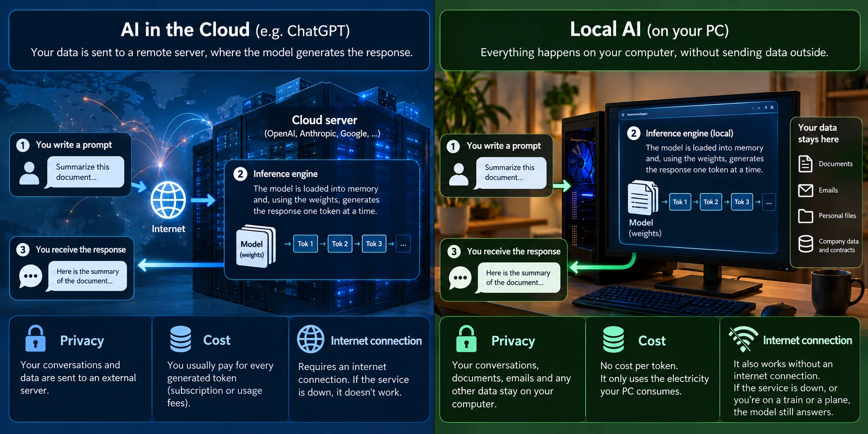 Diagram comparing AI in the cloud and a local LLM: in the cloud your prompt travels over the internet to a remote server, locally everything stays on your PC
