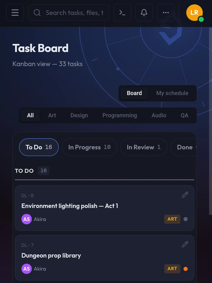 The Gameheim task board on a phone: the discipline filters, the To do, In progress, In review and Done columns, and the first task cards with assignee and priority
