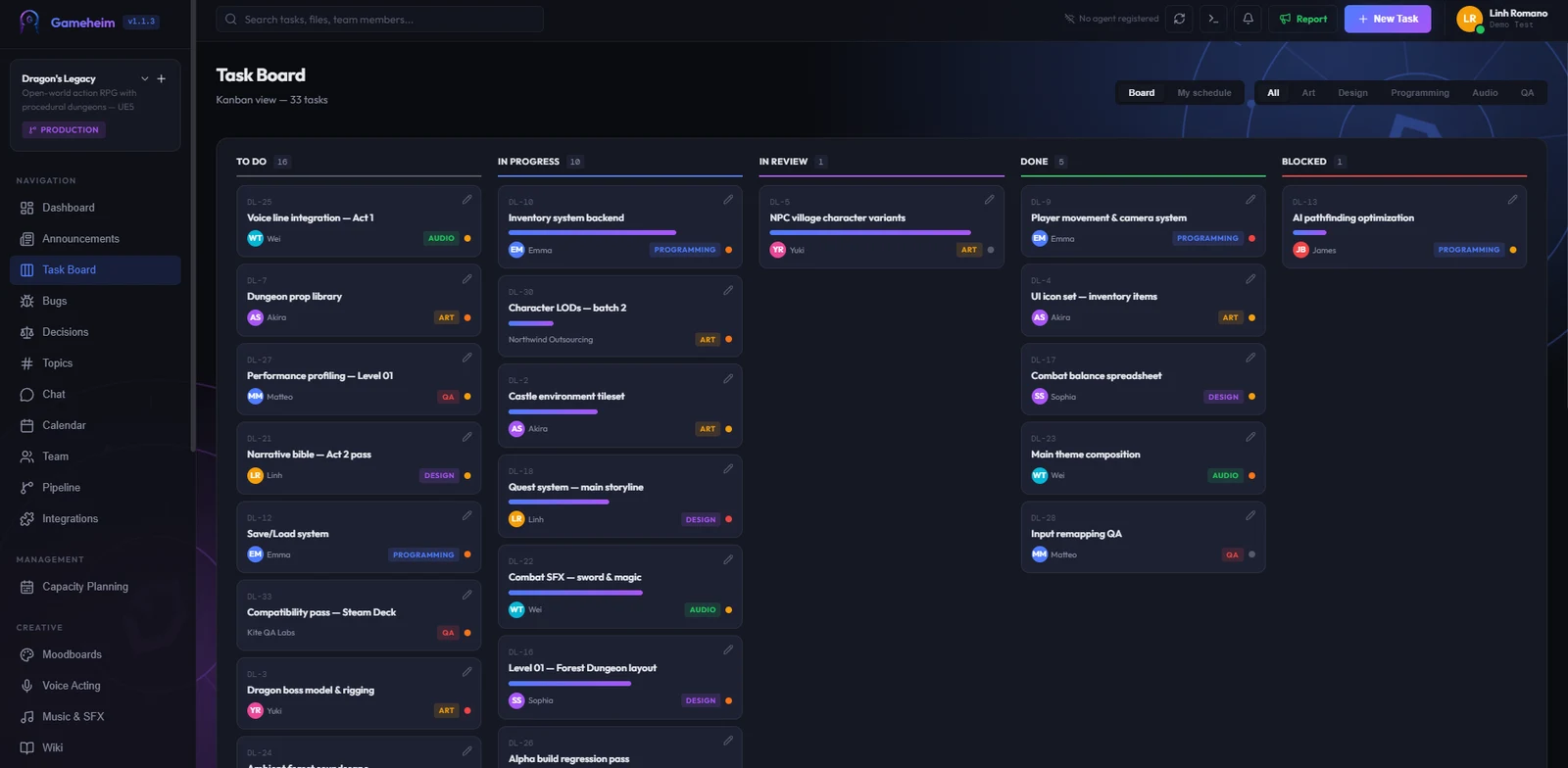 The Gameheim task board with the To do, In progress, In review, Done and Blocked columns, and the side menu with dashboard, bugs, chat, calendar, pipeline, capacity planning and wiki