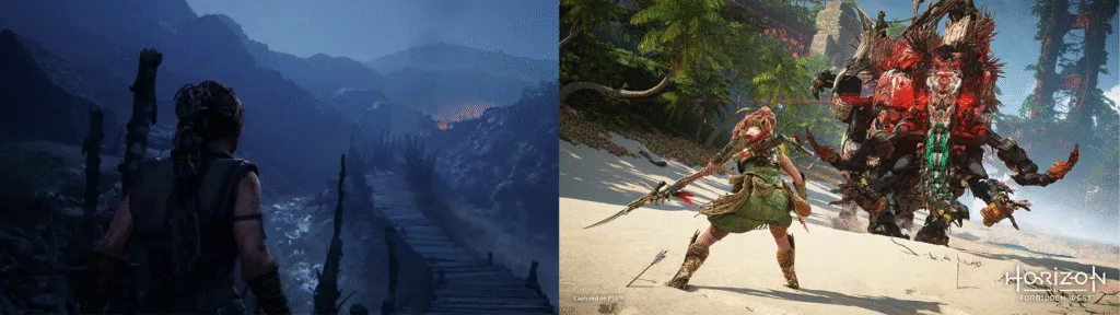 Side-by-side screenshots of Senua’s Saga: Hellblade II (Unreal Engine 5) and Horizon Forbidden West (Decima Engine)